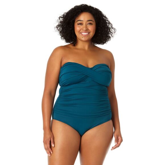 Anne Cole Twist Front Shirred One Piece Swimsuit in Deep Sea Blue Size 16W - Picture 2 of 13